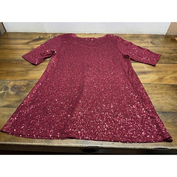 Eileen Fisher 100% Silk Red Sequin Short Sleeve Tunic Dress Size Large - Picture 9 of 9